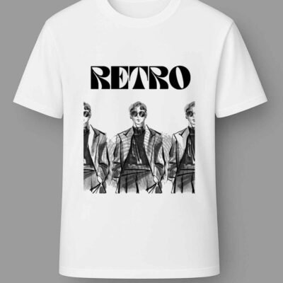 White t-shirt with black retro artwork and bold text, front view on gray