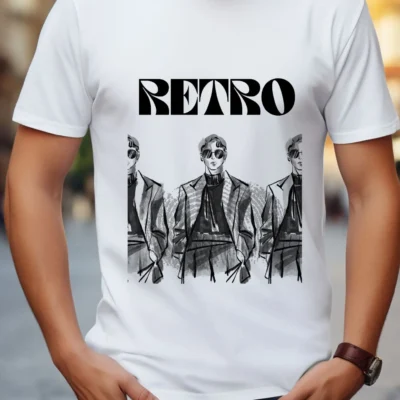 “Retro men’s graphic printed white t-shirt front view worn by male model”