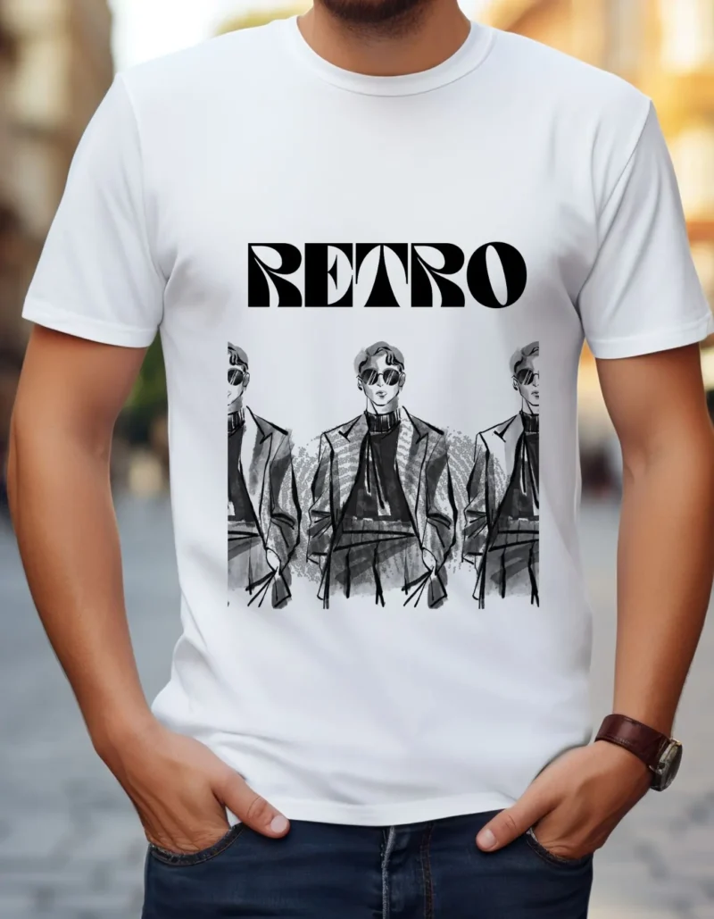 “Retro men’s graphic printed white t-shirt front view worn by male model”