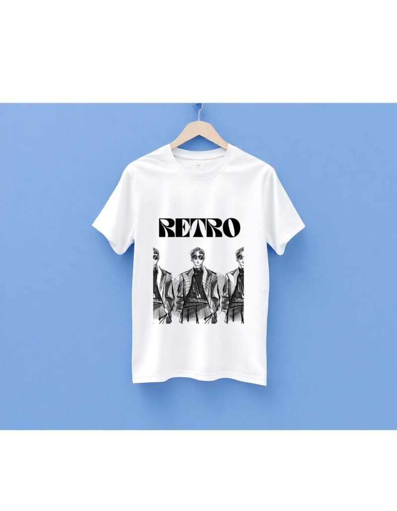 “Retro men’s graphic printed white t-shirt hanging on blue background”
