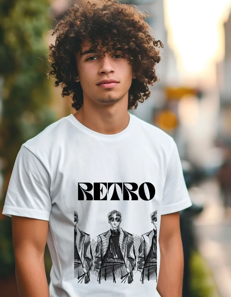 “Young male wearing retro men’s graphic white t-shirt outdoors street style”