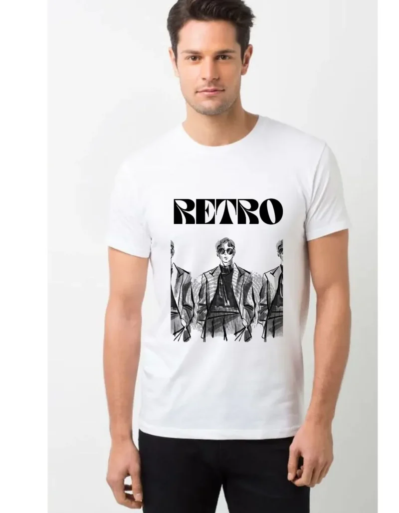 “Retro men’s graphic printed white t-shirt modeled in studio front view”