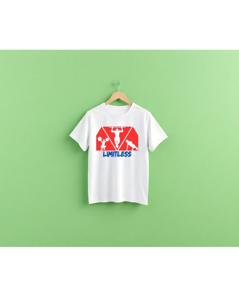 Limitless graphic t-shirt laid flat on green background showing full front design