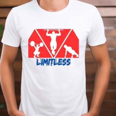 Man wearing white Limitless fitness t-shirt with motivational graphic on the front