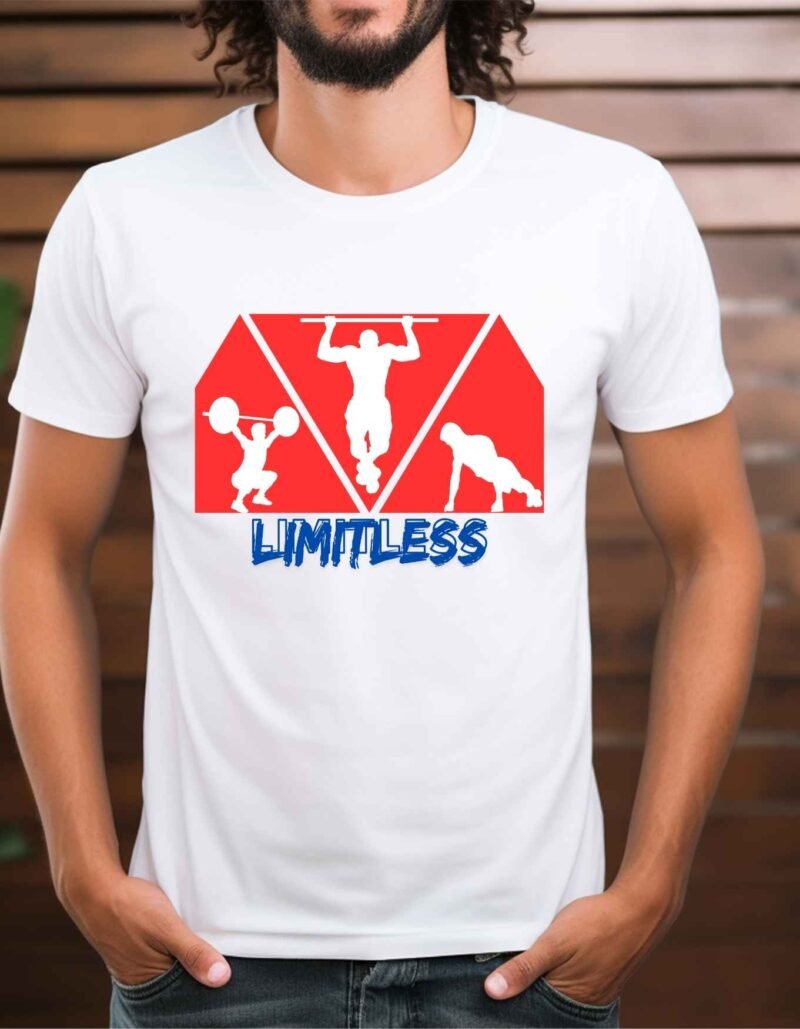 Man wearing white Limitless fitness t-shirt with motivational graphic on the front