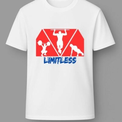 White “Limitless” motivational t-shirt with gym graphics on plain background