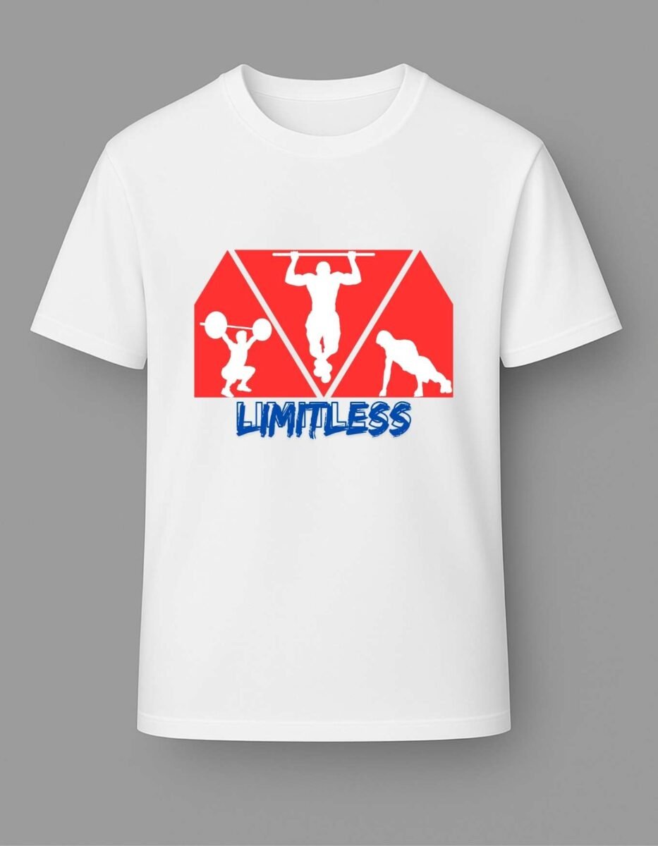 Limitless Motivational Workout T-Shirt Mockup – Front View White “Limitless” motivational t-shirt with gym graphics on plain background