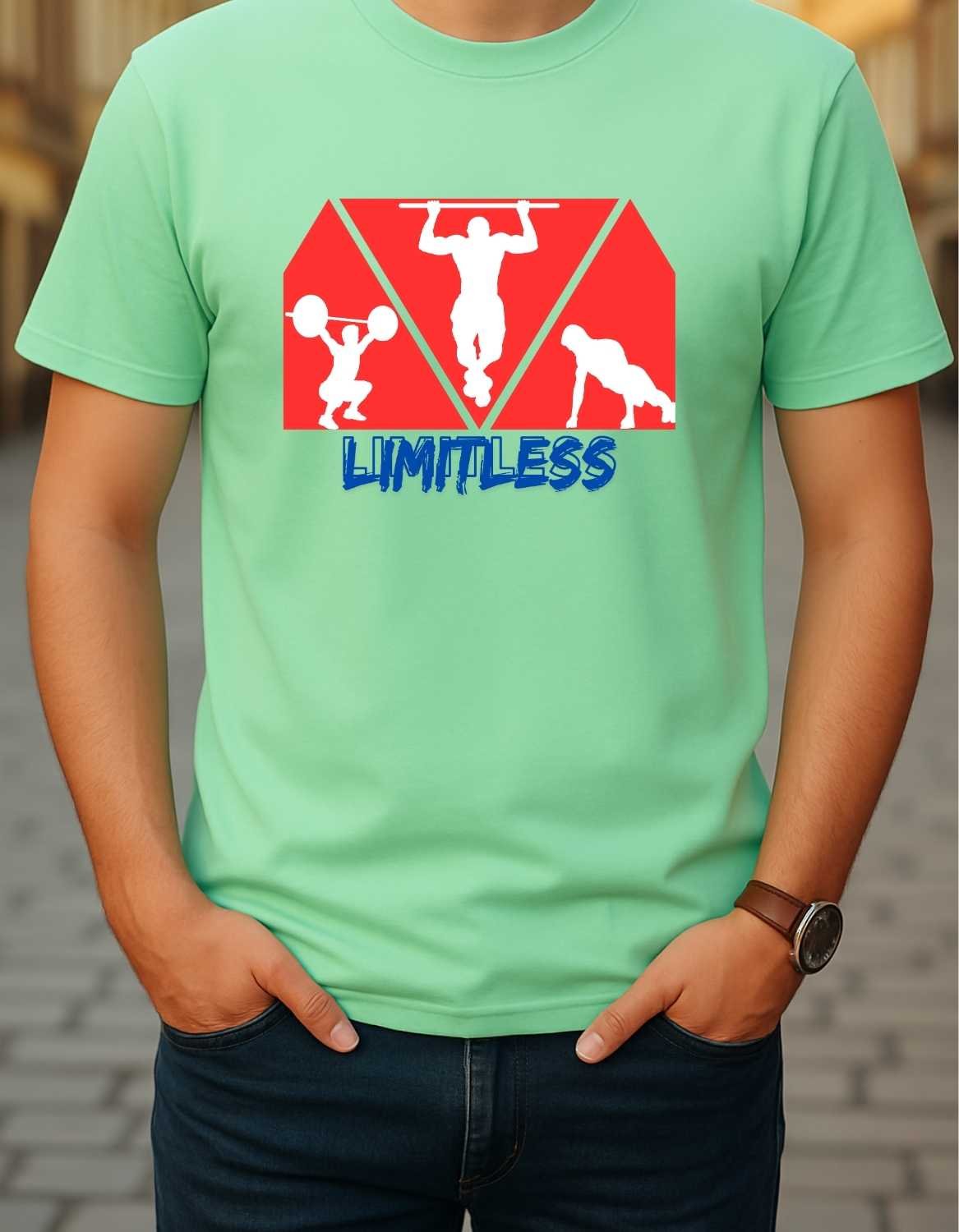 limitless-mens-jade-fitness-tshirt-street Men’s Jade Limitless gym motivation t-shirt, front view, casual street scene.